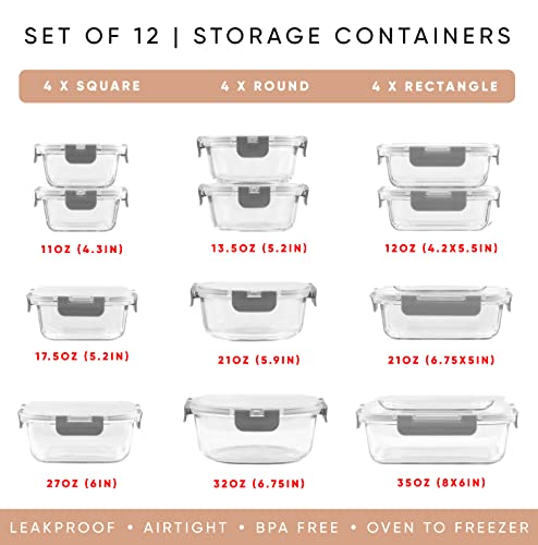 JoyJolt 24pc Borosilicate Glass Food Storage Containers with Grey Lids - Airtight & Freezer Safe