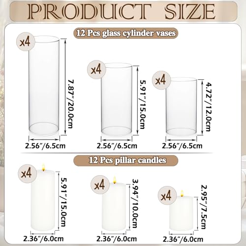 12-Piece White Pillar Candles & Glass Cylinder Candle Holders Set - Wedding & Event Decor