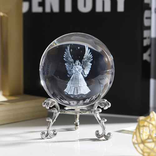 2.3in 3D Laser Guardian Angel Crystal Ball Paperweight with Stand 3D Engraving Crystal Praying Angel Gift Home Decor