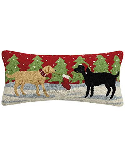 Peking Handicraft Wool Hook Pillow 12x26 – Playful Xmas Dogs