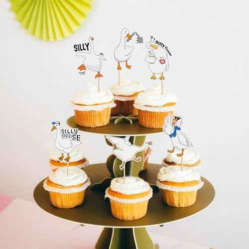 24PCS Silly Goose Cupcake Toppers Birthday White Goose Baby Shower Theme Kids Baby Boy Girl Decorations Party Supplies for Baby Boy Girl Cake Decorations Birthday Party Supplies