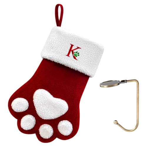Pet Christmas Stocking with Initials - Large Embroidered Monogram Paw Shape, Red Paw Letter K