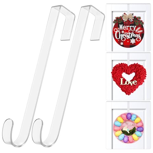 12 in Wreath Hangers - Clear Over The Door Hooks, 2 Pack Non-Scratch Hooks for Easter, Christmas, Halloween & Fall Wreath Decorations, Welcome Sign for Front Door