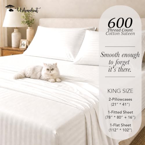 Luxury King Size Cotton Bed Sheets - White, 600 Thread Count Damask, Deep Pockets