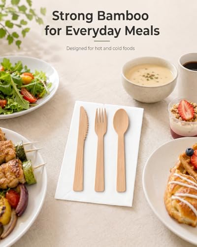 Pre Rolled Bamboo Cutlery Set with Napkins - 100 Pack Eco-Friendly Disposable Utensils