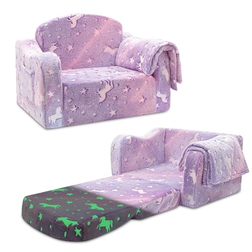 Airpanda Kids Sofa Chair - Purple 2-in-1 Fold-Out Couch with Blanket & Glow Fabric