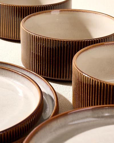 Cream Brown Reactive Glaze Dinnerware Set for 4 - Plates & Bowls