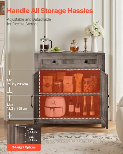 VEVOR Farmhouse Grey Buffet Cabinet with 2 Barn Doors & Adjustable Shelves - 30" Coffee Bar Sideboard with Drawers