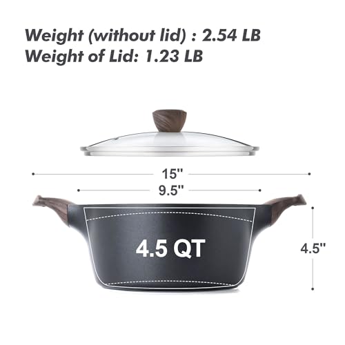 Stock Pot with Lid - Nonstick 4.5 QT - Black, Healthy & Durable
