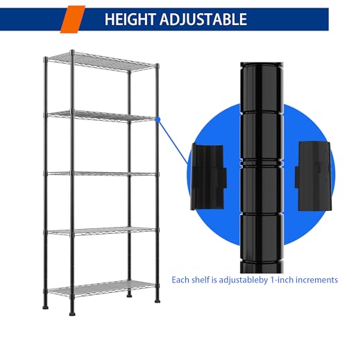 Adjustable Wire Shelving Storage Rack - Black, 5 Tiers, 14.1"D x 30"W x 79"H