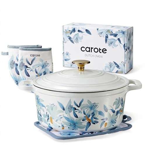 Blue Floral 5QT Enamel Cast Iron Dutch Oven with Lid & Accessories