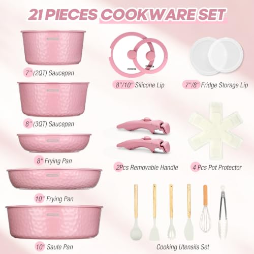 Pink 21-Piece Ceramic Nonstick Cookware Set with Detachable Handles - Space-Saving, Dishwasher & Oven Safe