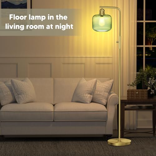 Dimmable Gold Floor Lamp with Green Ribbed Glass Shade - 66" Tall, Karjoefar
