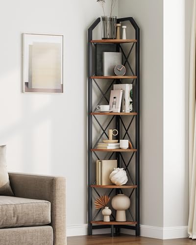 Corner Shelf 6-Tier Industrial Corner Bookshelf - Rustic Brown & Black, 71.2"