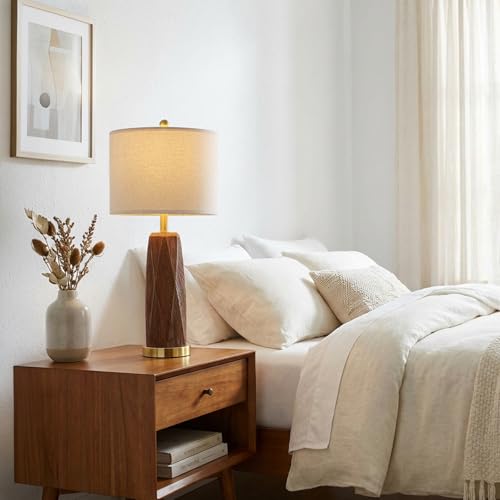 27.5 Inch Wooden Grain Table Lamps Set of 2 with USB Charging Ports - Rustic Resin Bedside Lamps with Linen Shade & Rotary Switch - Tall Nightstand Lighting for Bedroom & Living Room