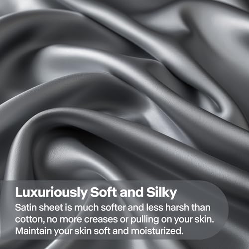 Satin Bed Sheets Set King Size - Dark Grey, 4 Pieces - Luxury Bedding