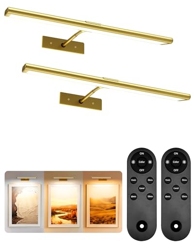 EZVALO 16 Inch Wireless Rechargeable LED Picture Light with IR Remote - Gold, 3 Color Temps, Dimmable, Magnetic Art Display Lighting (2 Pack)