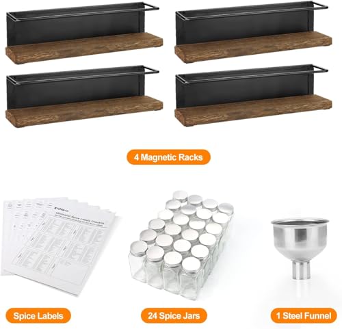 Magnetic Spice Rack with 24 Jars, 216 Labels, 1 Steel Funnel for