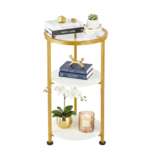 3-Tier Tempered Glass Side Table - White & Gold Space-Saver