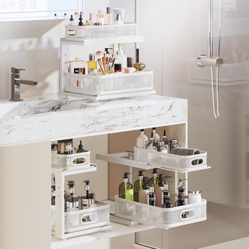 Corbyles White 2-Pack Under Sink Organizer with Adjustable Height, Mesh Drawers & Ball-Bearing Slides - 15.5"D x 12.4"-16.5"H