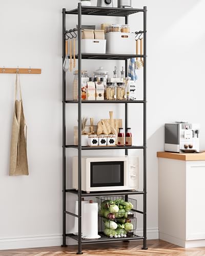 Heavy-Duty 6-Tier Metal Storage Shelves with Hooks - Black, 18.1 x 12.4 x 70.1 Inches