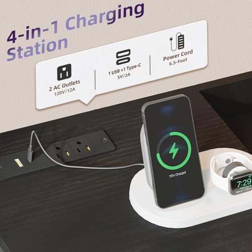 Somdot Black Wide Bedroom Nightstand with 5 Drawers, Charging Station & LED Light - 11.4"D x 26.2"W x 27.8"H