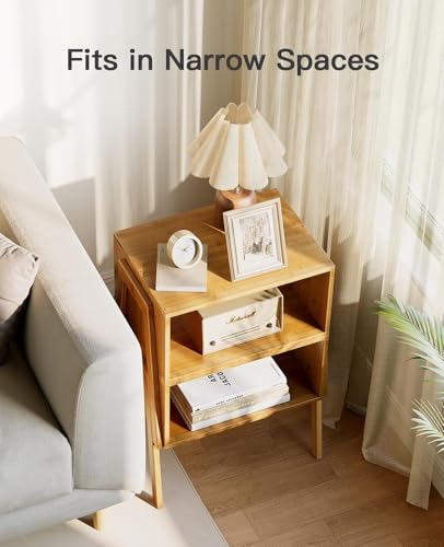 Pipishell Natural Bamboo Nightstands Set of 2 - Stackable Bedside Tables with Storage Shelf for Small Spaces