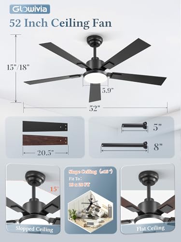 Black 52 Inch Ceiling Fan with Dimmable 3000-6000K Lights Remote Control - Reversible Blades