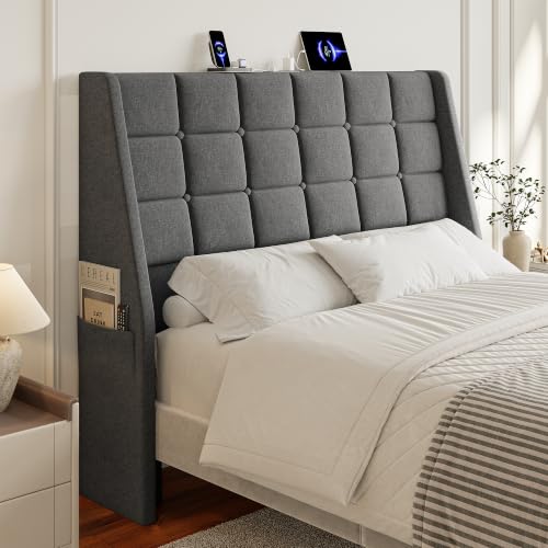 Full Size Upholstered Headboard with Charging Station & Storage Pockets