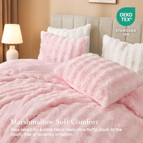 Pink Faux Rabbit Fur Comforter Set - 3 Piece Cozy Bedding