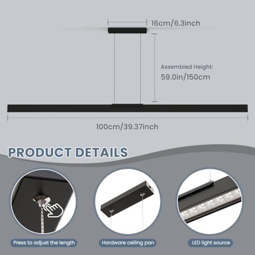 Rechargeable LED Pendant Light with Remote - 39.4" Black Kitchen Island Lighting