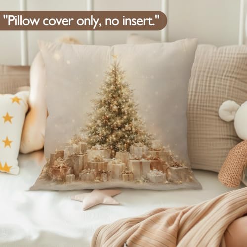Lengues Xmas-4 Vintage Golden Christmas Tree Pillow Cover 18x18 Inches