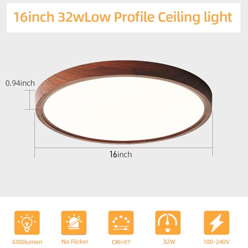 LED Walnut Wood Flush Mount Ceiling Light Fixture 16 Inch - 2 Pack - Adjustable Color Temperature