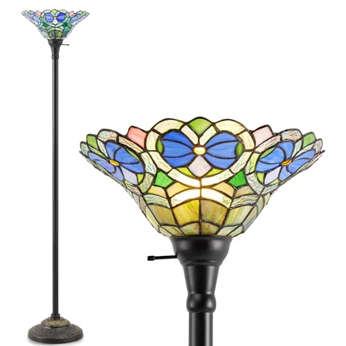 Tiffany Style Floor Lamp with Stained Glass Shade - 70" Torchiere for Living Room
