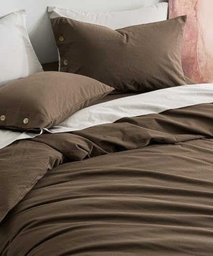 JELLYMONI Queen Brown Washed Cotton Duvet Cover Set 90x90 Linen-Like Organic Style
