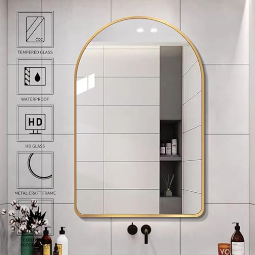 MYlovelylands 36x24 Gold Arched Bathroom Mirror - Tempered Glass, Wall Mount