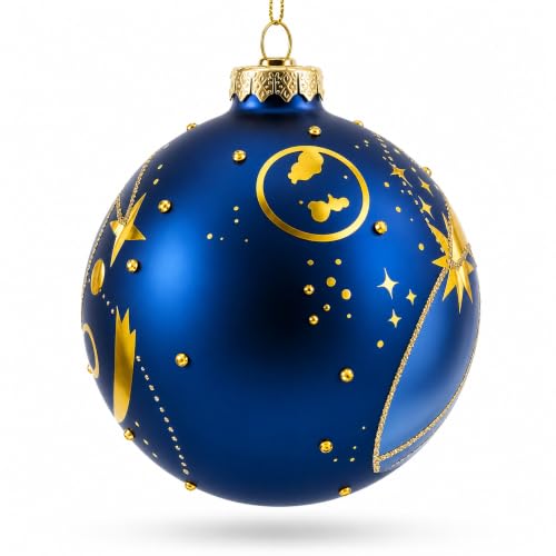 Blue Celestial Planets and Shooting Star Glass Ornament – Hand-Painted Christmas Ball