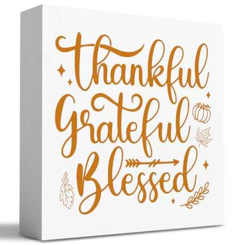 HTBIG Thanksgiving Decor Thankful Gratefulbl Blessed Home Desktop Wooden Box Signs Applies To Room Indoor Office 5 x 5 Inch