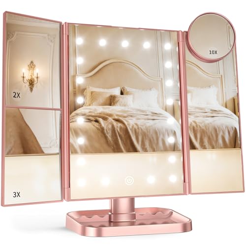 HUONUL Lighted Vanity Mirror with Magnification - Rose Gold, 2X/3X/10X, Trifold Makeup Mirror