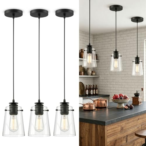 Black Pendant Lights for Kitchen Island - 3 Pack Modern Glass Hanging Fixtures