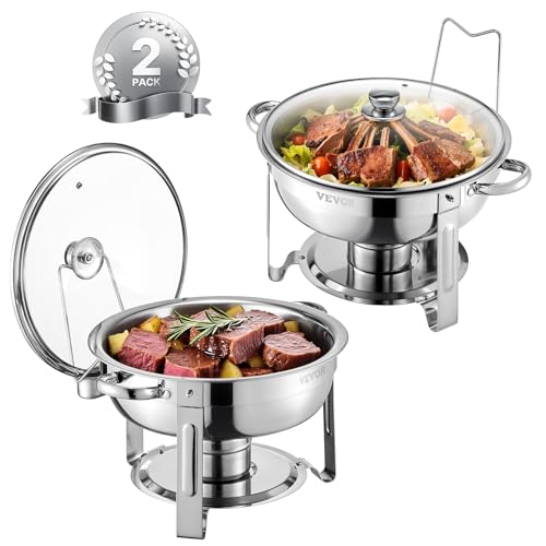 VEVOR 5 Qt Stainless Steel Chafing Dish Buffet Set 2 Pack with Glass Lids, Silver