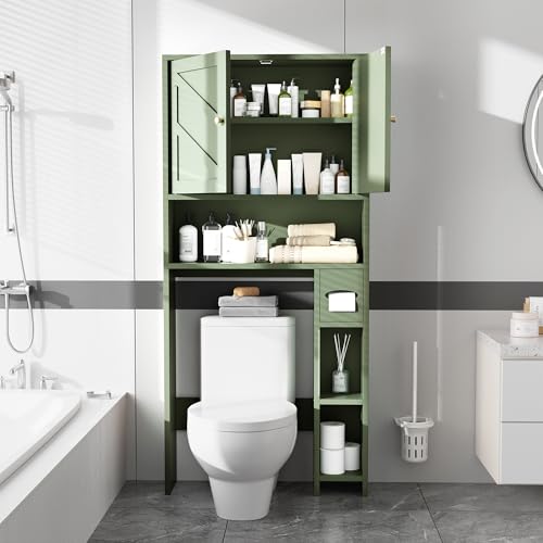 Over Toilet Storage Cabinet with Toilet Paper Holder - Green, Without Open Shelves, 65.4" Tall Bathroom Organizer