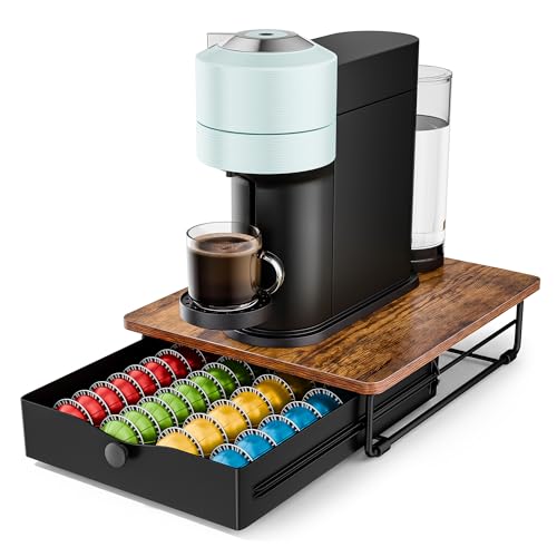 Everie Coffee Pod Drawer Organizer for Vertuo - Rustic Brown Wood Top, Holds 40-52 Capsules