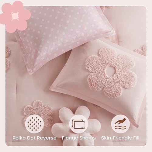 Kids Pink Floral Comforter Set - 4 Piece Queen Bedding with Polka Dot Reverse - Pink Variation