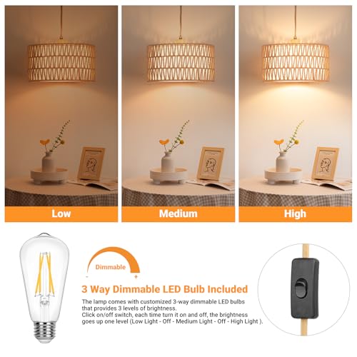 Qingmiao Boho Plug-in Pendant Light with Handwoven Shade - 3-Way Dimmable, 14ft Cord, Cylinder Drum Variant