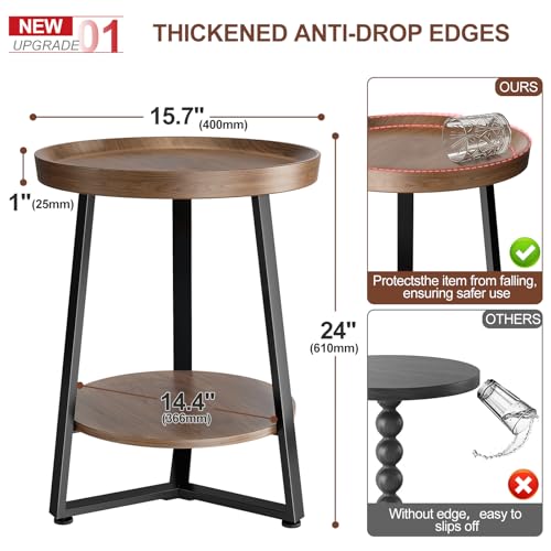 Walnut 2-Tier Round End Table with Storage Shelf, Child-Safe Tray Top, Modern Farmhouse Design, Small Space Couch Side Table