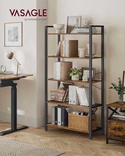 VASAGLE Rustic Brown & Black 5-Tier Bookshelf with Shelves, No Back Panel, 11.8D x 31.5W