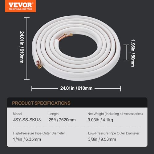VEVOR 25FT Mini Split Line Set Copper Pipes with Triple-Layer Insulation, 1/4 & 3/8 Inch Tubing & Accessories
