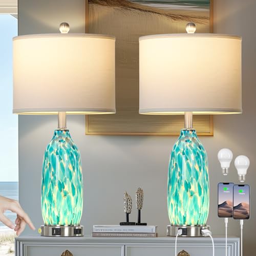 Peacock Green Glass Table Lamps Set of 2 with USB Ports & Night Light - Coastal Nautical Bedside Lamps