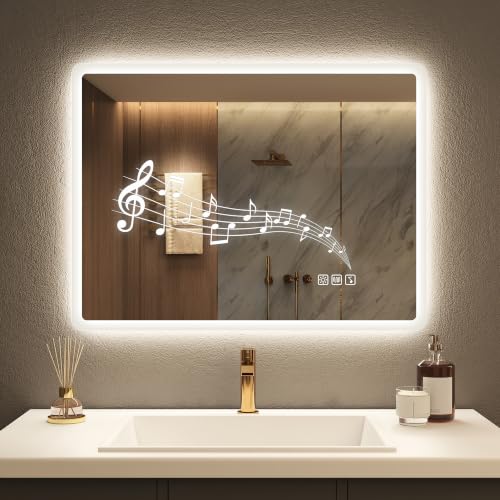 STARLEAD 24x32-Inch Bluetooth LED Bathroom Mirror with Anti-Fog, Adjustable Lighting - Silver Rectangular